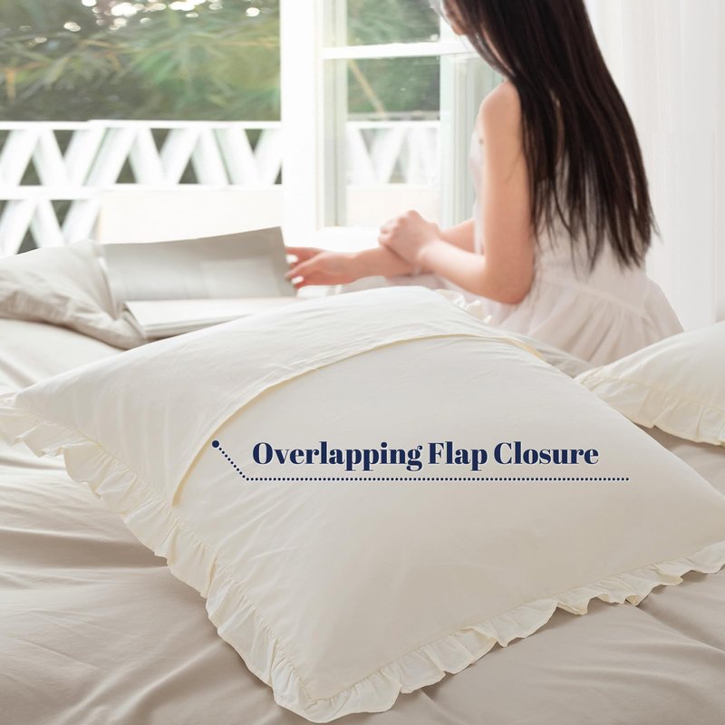 PHF 100% Washed Cotton Euro Shams with Ruffle, 2 Pack 26" x 26" Cotton Euro Sham Pillow Covers, No Insert, Ultra Soft Decorative Farmhouse Bedding for Bed Sofa, Cannoli Cream