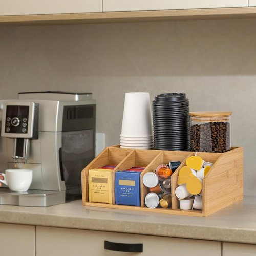 HUCINIUN Bamboo Coffee Station Organizer for Countertop, Coffee Bar Accessories Organizer with 5 Compartments for Tea Bags Condiment, Pods, Creamer, Syrup, Cups