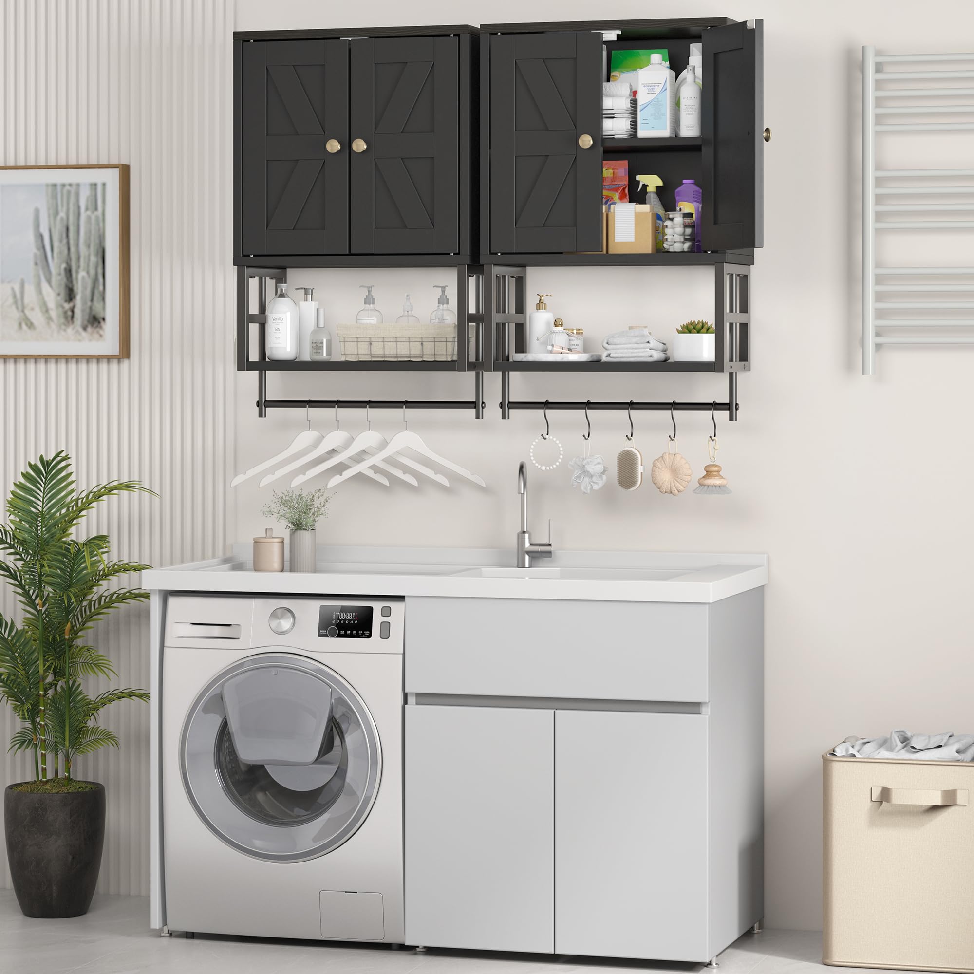 FUNHUKSON Farmhouse Medicine Cabinet - 3-Tier Wall Mounted Storage Organizer with Adjustable Shelves, Towel Bar, 5 Hooksfor Small Bathroom, Laundry Room, Over Toilet, Living Room, Bedroom (Black)