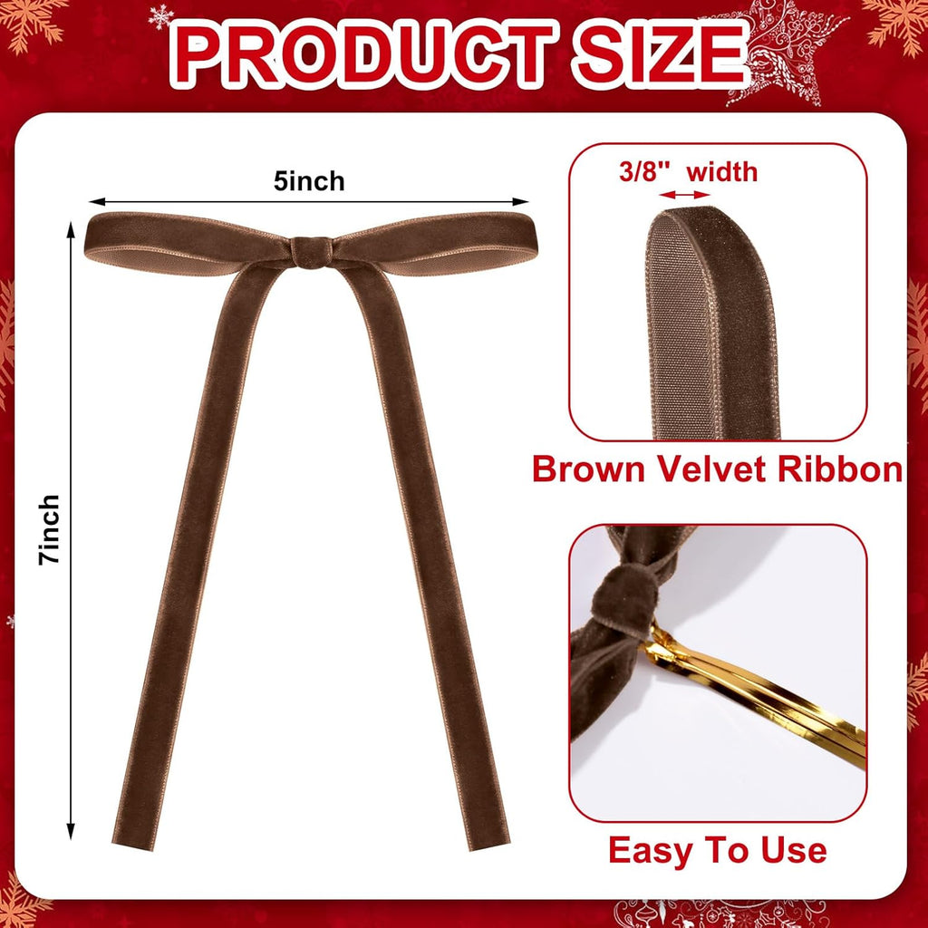 Skiennix 24 Pcs Velvet Bows - Vintage Ribbon Bows for Christmas Tree & Crafts | Brown, 5 x 7 Inch