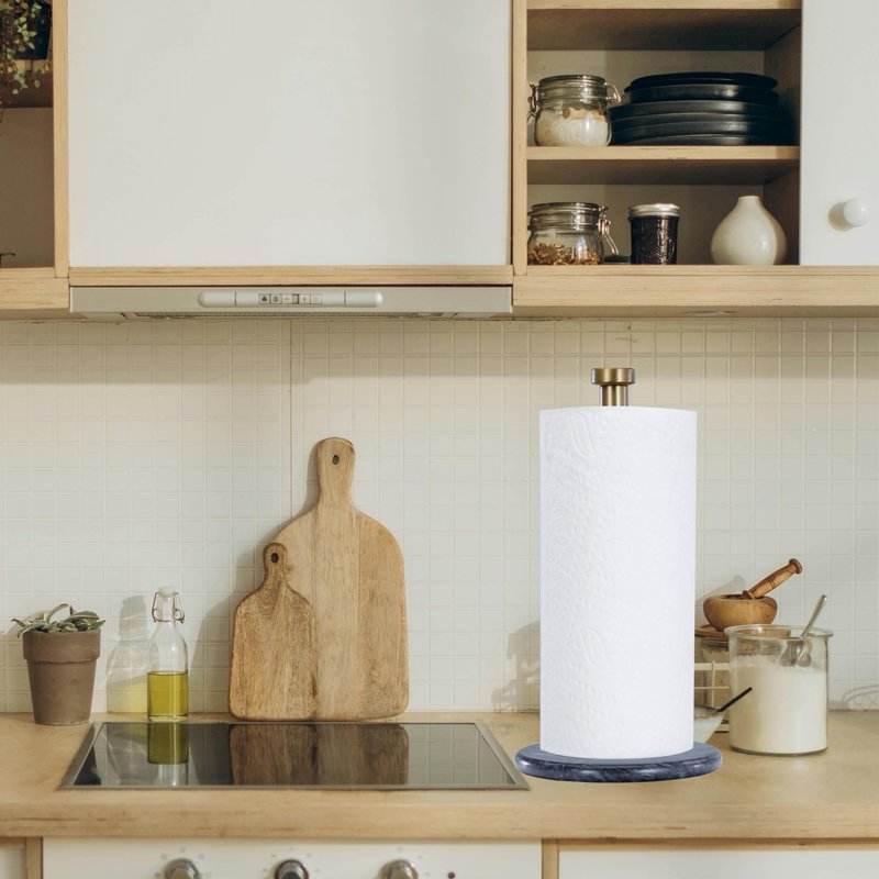 QiYueZaiYe Natural Marble Paper Towel Holder with Metal Rod - 7" Extra Large Base Fits Jumbo Rolls - 2.8 lbs Heavyweight for One-Handed Tearing - Modern Standing Kitchen Towel Rack - Gold/Silver