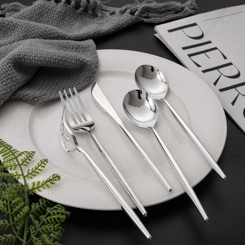 LIYH 102 Pcs Silver Plastic Silverware - Heavyduty Plastic Cutlery Set Disposable Utensils Flatware Set Knives Forks Spoons Disposable Cutlery Mothers Day