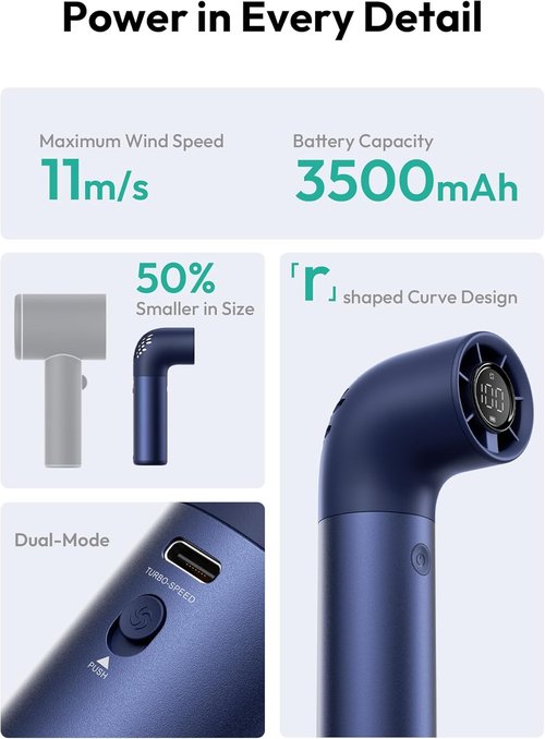 Aecooly Portable Handheld Fan - High-Speed Turbo Air Tube Fan, 19000 RPM, 15H Cooling, Mini Design - Blue