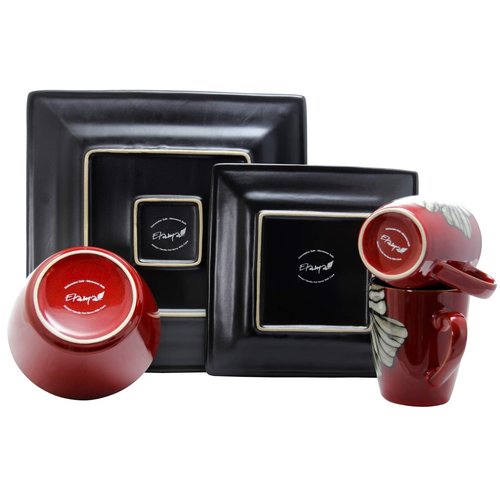Elama's Luxurious Red Winter Bloom 16 Piece Dinnerware Set with Complete Settign for 4