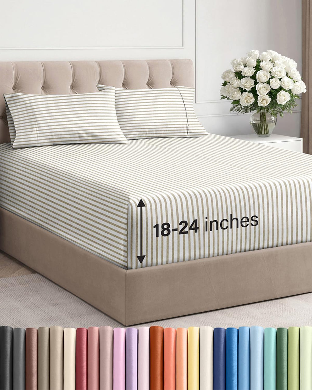 Skiennix Extra Deep Twin XL Sheet Set - 4 Piece Breathable Cooling Bedding - Soft Wrinkle-Free Beige Stripes