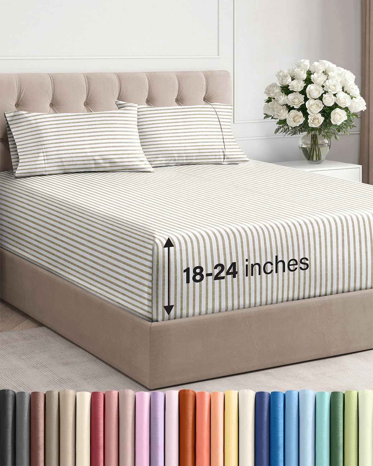 Skiennix Extra Deep Twin XL Sheet Set - 4 Piece Breathable Cooling Bedding - Soft Wrinkle-Free Beige Stripes