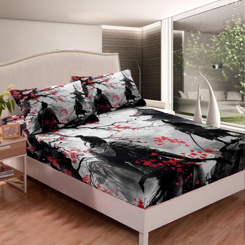 Feelyou Japanese Samurai Sheet Set King Size Kids Japanese Ukiyoe Sheets with Deep Pocket Fitted Sheet for Boys Girls Teens Cherry Blossoms Home Decor Bed Sheets Set Japanese-Style Bedding Set