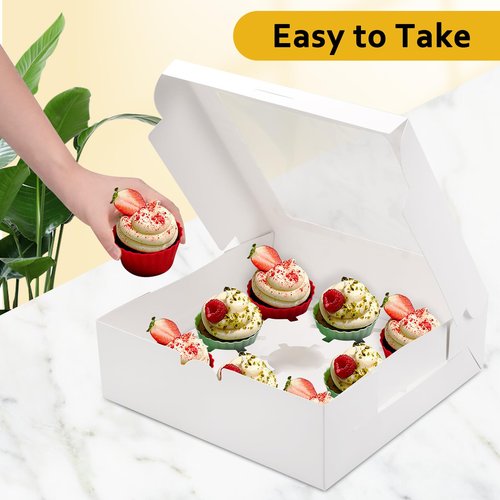 POPUFUN 9-Count White Cupcake Boxes with Window and Insert, 9x9x3 Inch, Set of 8, Suitable for Cupcakes, Muffins, and Cookies