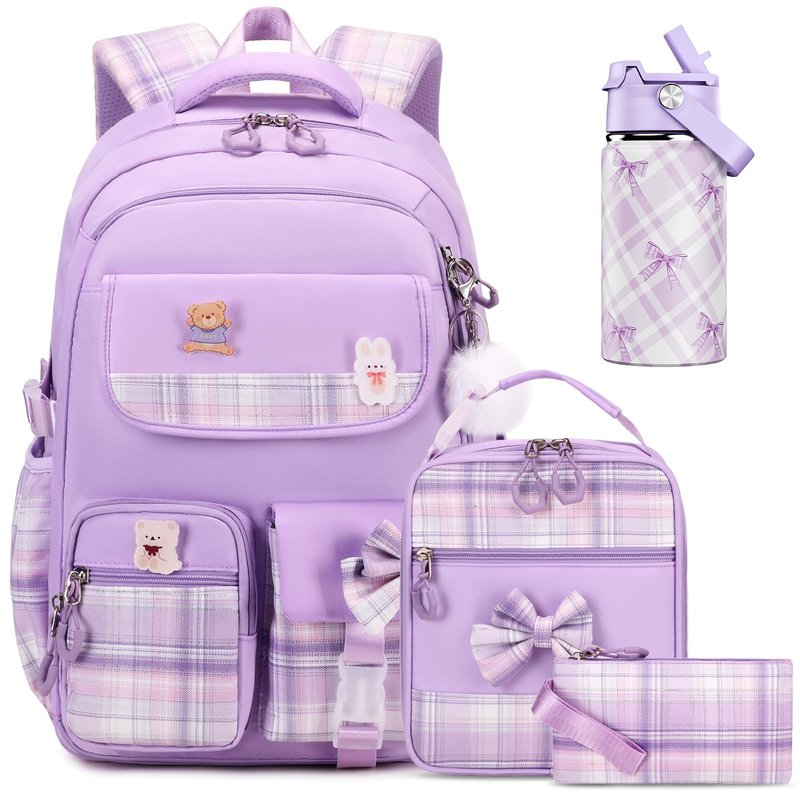 ACESAK Backpack for Girls with Insulated Water Bottle, Bow Tie Plaid Bookbag for Girls Kids, 14oz Kids Water Bottle Stainless Steel, Lunch Bag & Pencial Case, Back To School Gift (Purple)