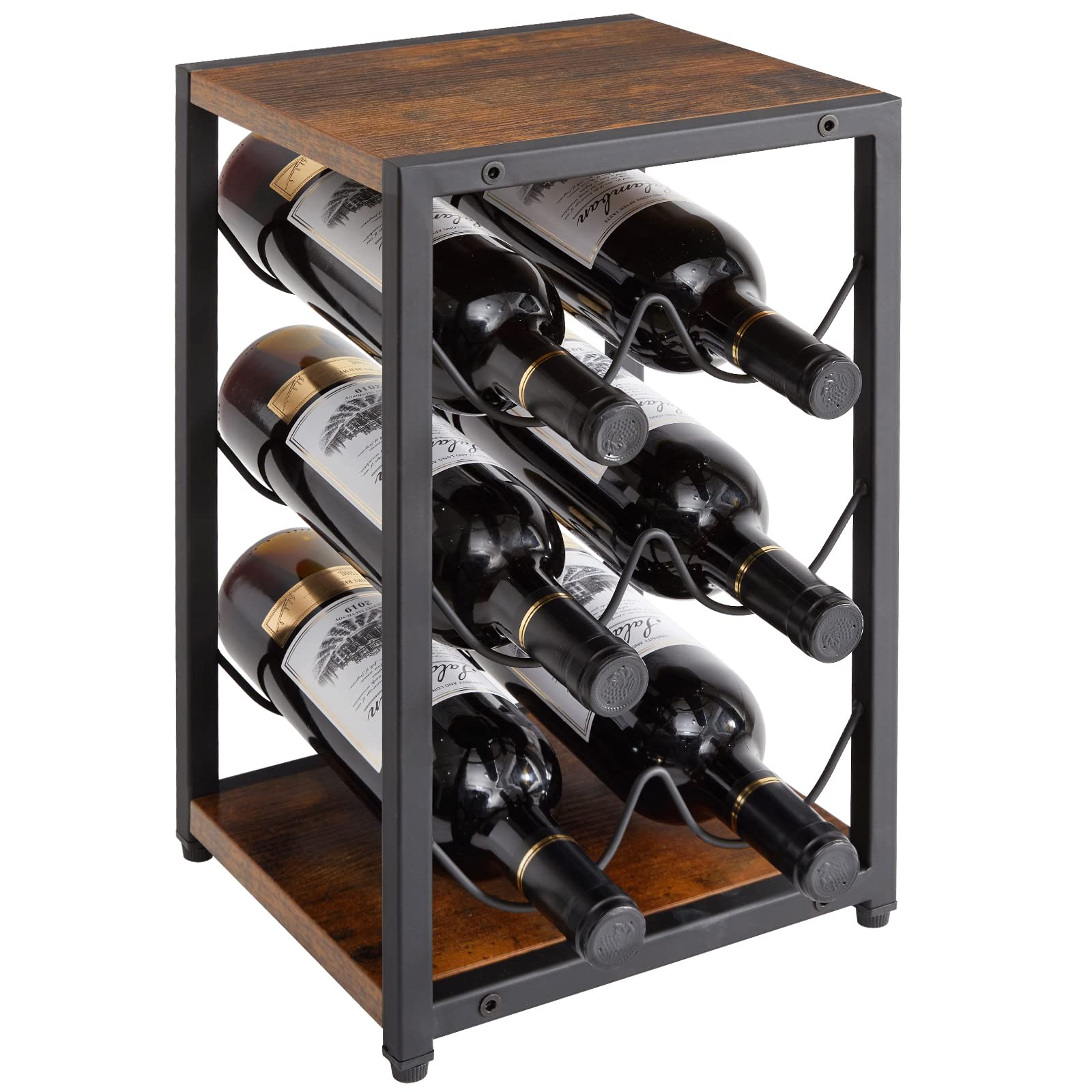 IBUYKE Rustic Wood 6 Bottles Wine Rack for Countertop,3 Tier Free Standing Wine Rack,Wine Bottle Holder Stand Organizer for Home Decor Bar,Cabinet, Pantry,Countertop TMJ901H