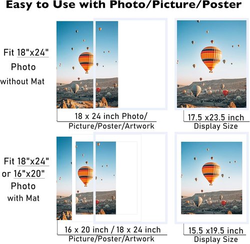 JCJMY 18x24 Picture Frame - Versatile Display for 16x20 Photos with Mat or 18x24 Without Mat | White