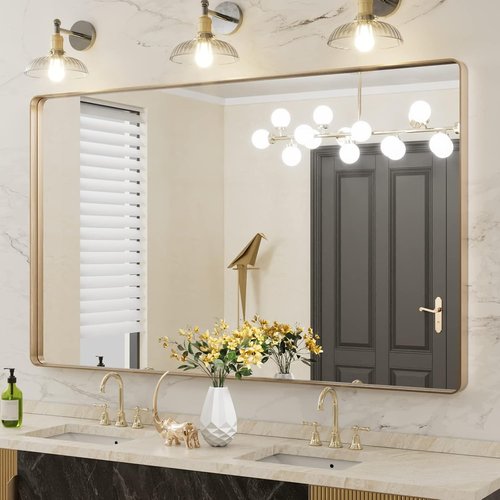 LOAAO Gold Bathroom Mirror - 60”X36” Rounded Rectangle Design | Brushed Gold Frame, Anti-Rust, Versatile Mounting Options