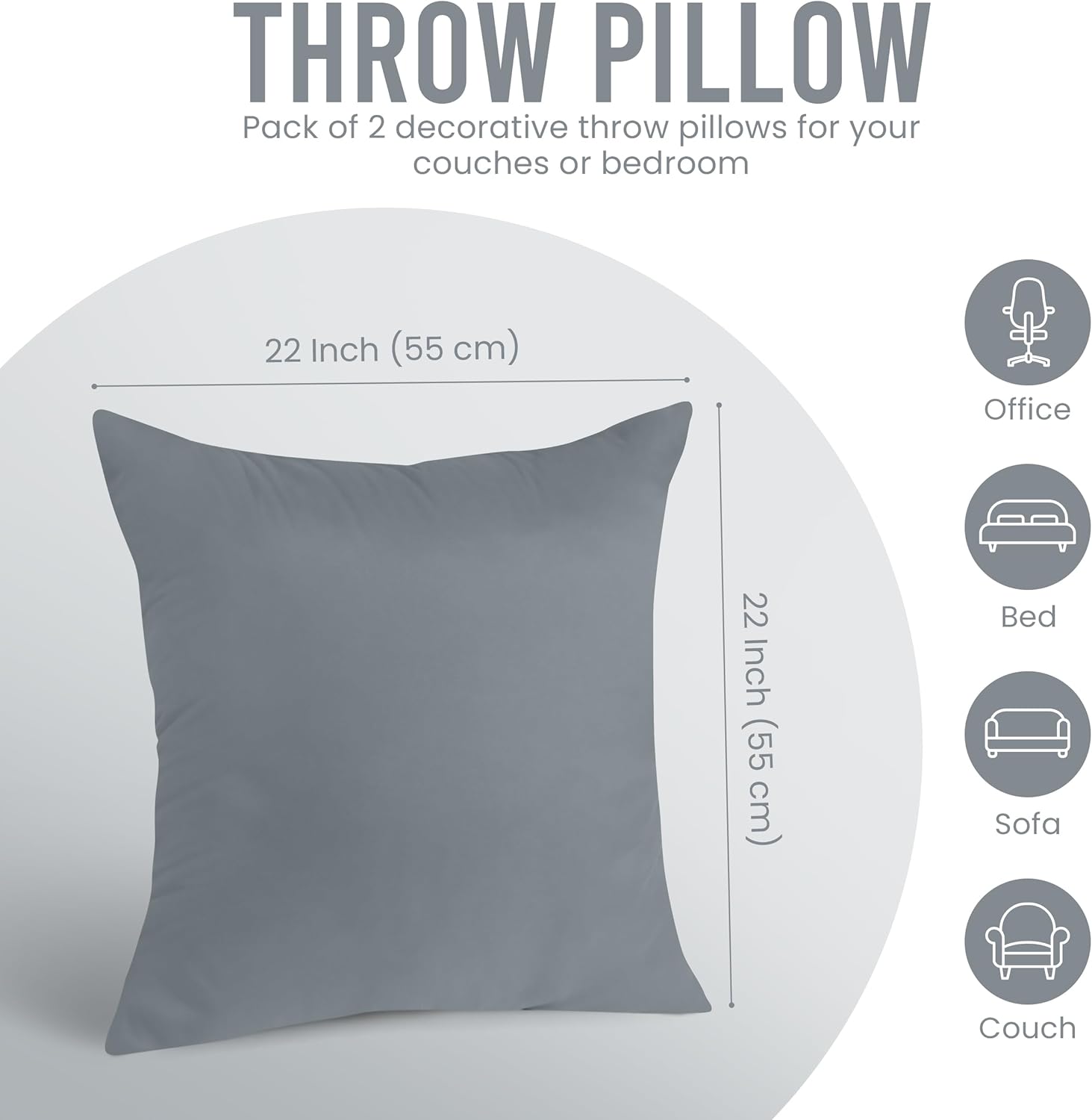 Utopia Bedding 22x22 Pillow Inserts - Set of 2 Grey Decorative Cushions for Sofa & Bed - Soft & Supportive