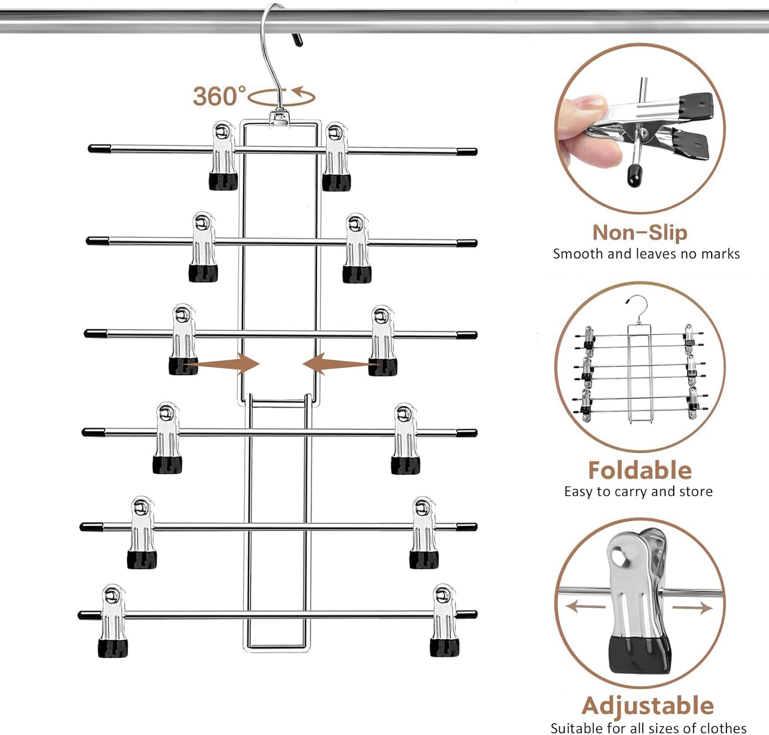 Skiennix Pants Hangers with Clips - Space-Saving 6-Tier Closet Organizer with 360° Swivel Hook