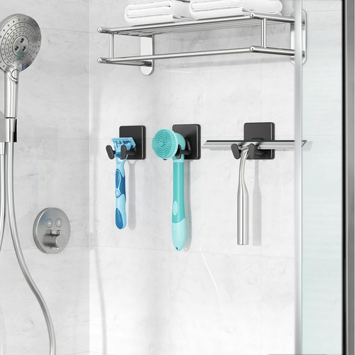 Adhesive Shower Hooks - Extra Sticky Stainless Steel Double Hooks for Razor, Loofah, Towel | Matt Black, 4-Pack