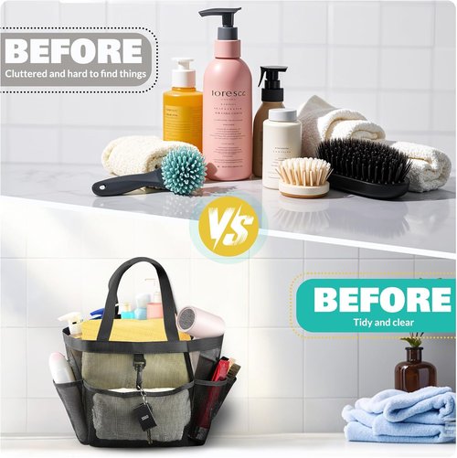 LOYEE Mesh Shower Caddy - Portable College Dorm Essential with 8 Pockets | Black Travel Bag for Beach, Gym & More
