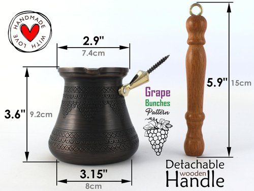DEDE Copper - PCZ Series (Large-14fl.oz) - Thickest Solid Copper Engraved/Hammered Turkish Greek Arabic Coffee Pot with Wooden Handle, Stovetop Coffee Maker Cezve Jezve Jazva Ibrik Briki (Antique)
