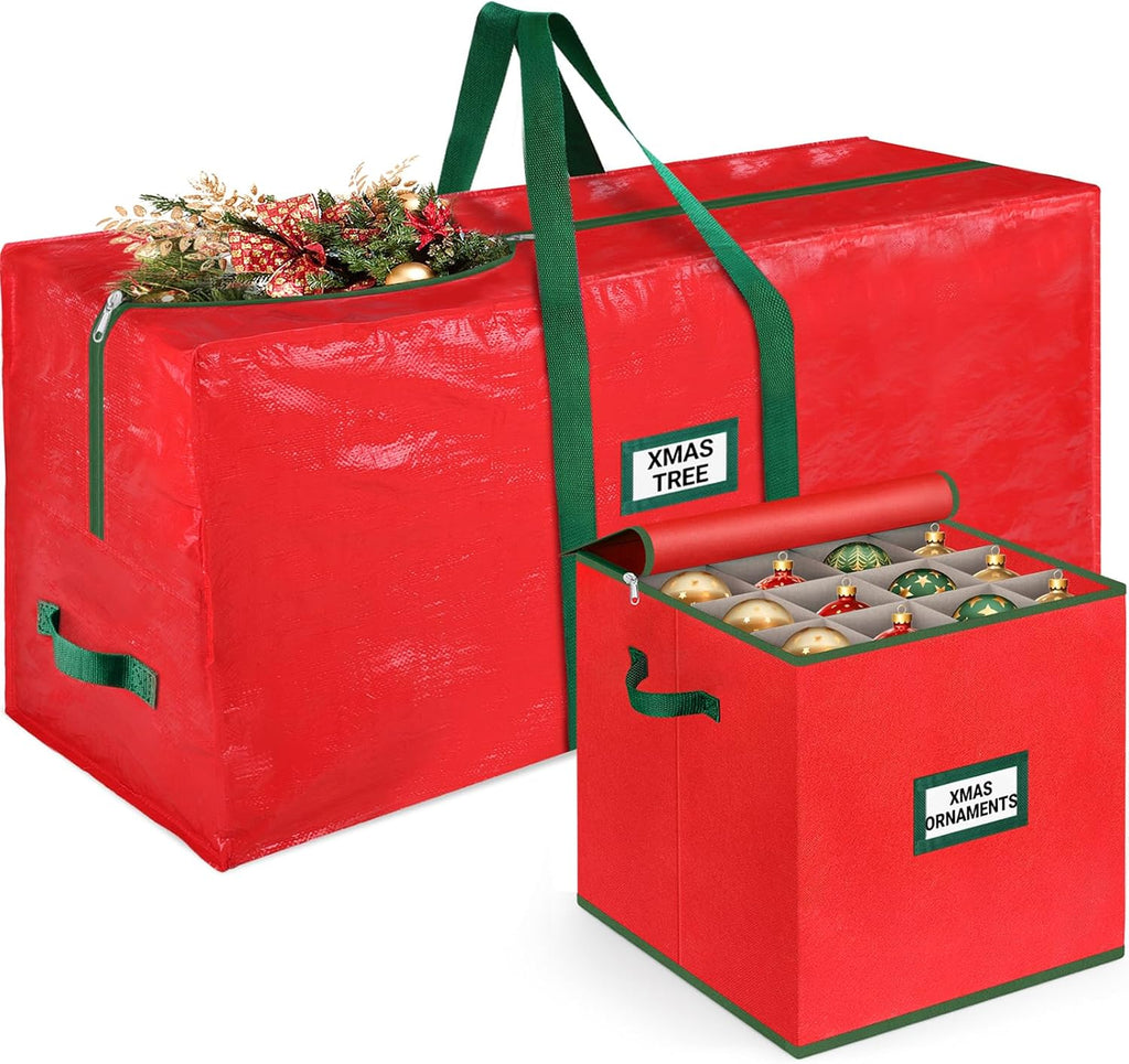 StorageRight Christmas Tree Bag & Ornament Storage Box Set - Water-Resistant 7.5 Ft Tree Storage & 64-Compartment Organizer, Heavy-Duty Red Decor Containers