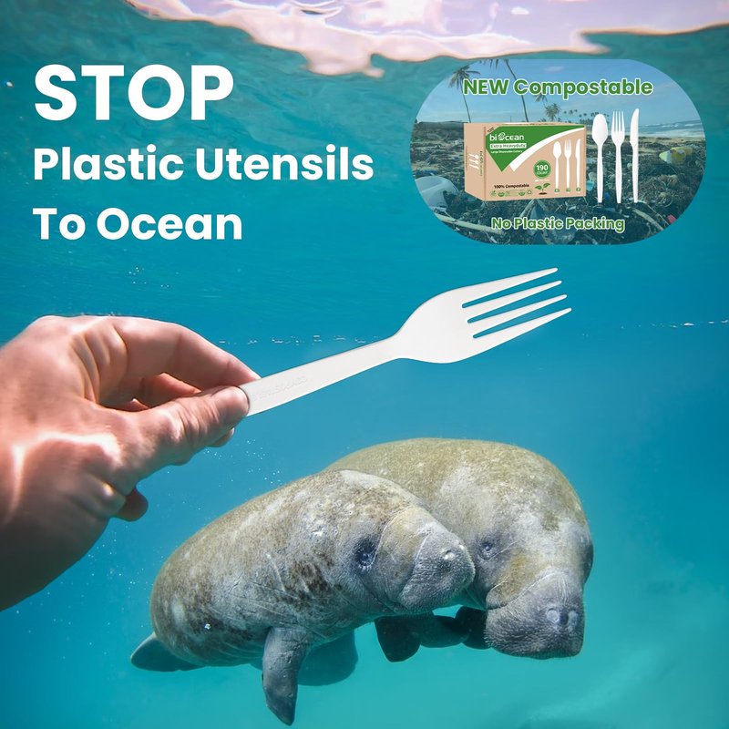 Biocean Extra Heavyduty Compostable Cutlery Set - 190 Count Large Disposable Utensils No Plastic Forks Spoons Knives Biodegradable Fork Eco Friendly Silverware for Party,BBQ,Daily Use,Events,Picnic