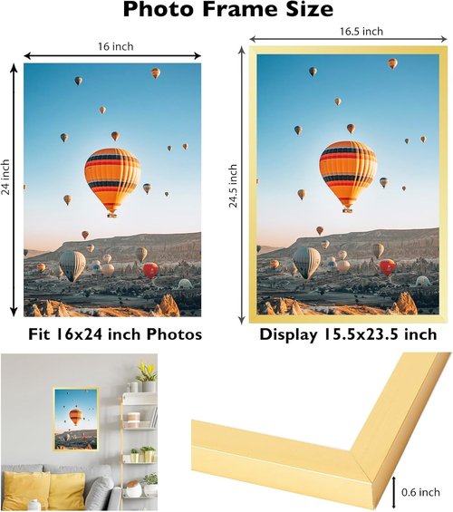 JCJMY 16x24 Picture Frame - Elegant Gold Design for Horizontal & Vertical Wall Display | Fits 40x60 cm Canvas