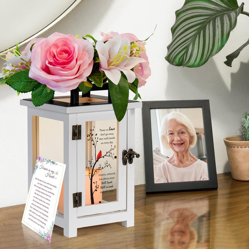 HN HAIINAA Memorial Lantern Sympathy Gift Bereavement Gift Idea with Sympathy Rose Flowers for Loss of Loved One Memorial Gift for Loss of Mother Father Brother Sister Husband