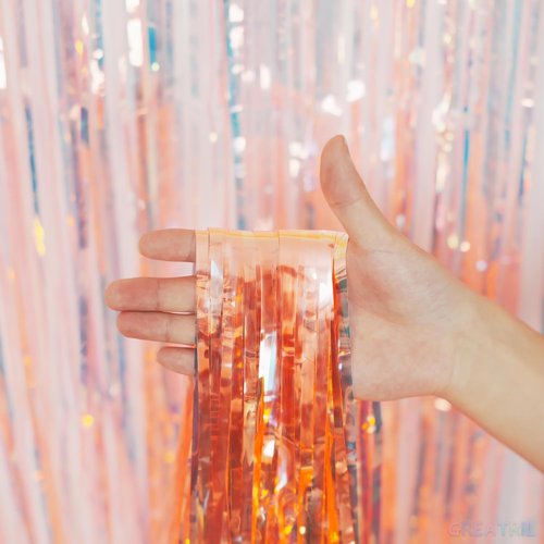 GREATRIL Iridescent Orange Tinsel Foil Fringe Curtain - Perfect Birthday Party Backdrop | 3.2 x 6.5 ft (2 Packs)
