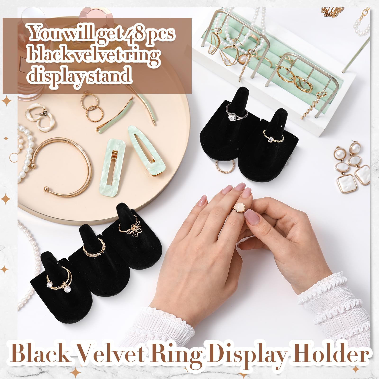 Jetec 48 Pieces Black Velvet Ring Display Stand Jewelry Holder Finger Ring Display Velvet Holder Organizer for Showcase Vendors Wedding