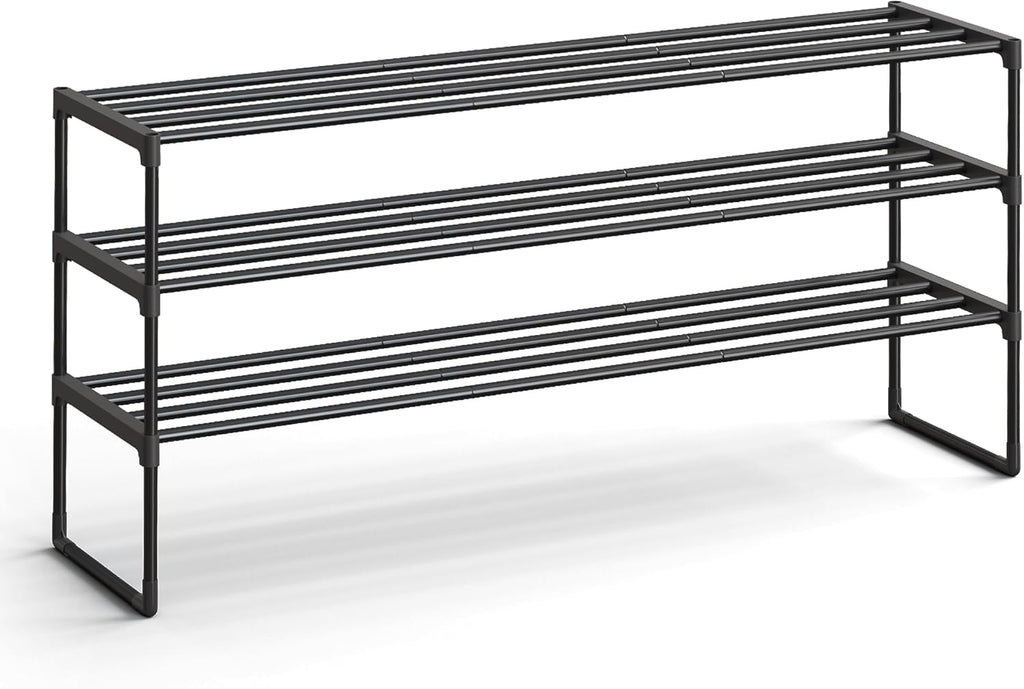 SONGMICS Shoe Rack - 3-Tier Metal Organizer for 20-24 Pairs | Stackable & Versatile Design, Black 11.8 x 46.1 x 21.7 Inches