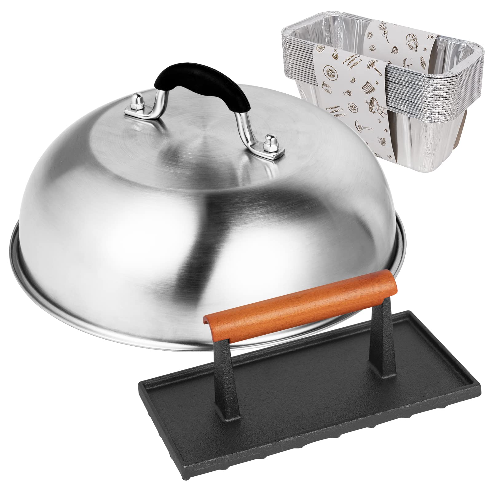 SHINESTAR Cast Iron Griddle Press with 12-Inch Melting Dome for Blackstone, Perfect for Bacon, Burger, Panini, Come with 20-Pack Grease Cup Liners
