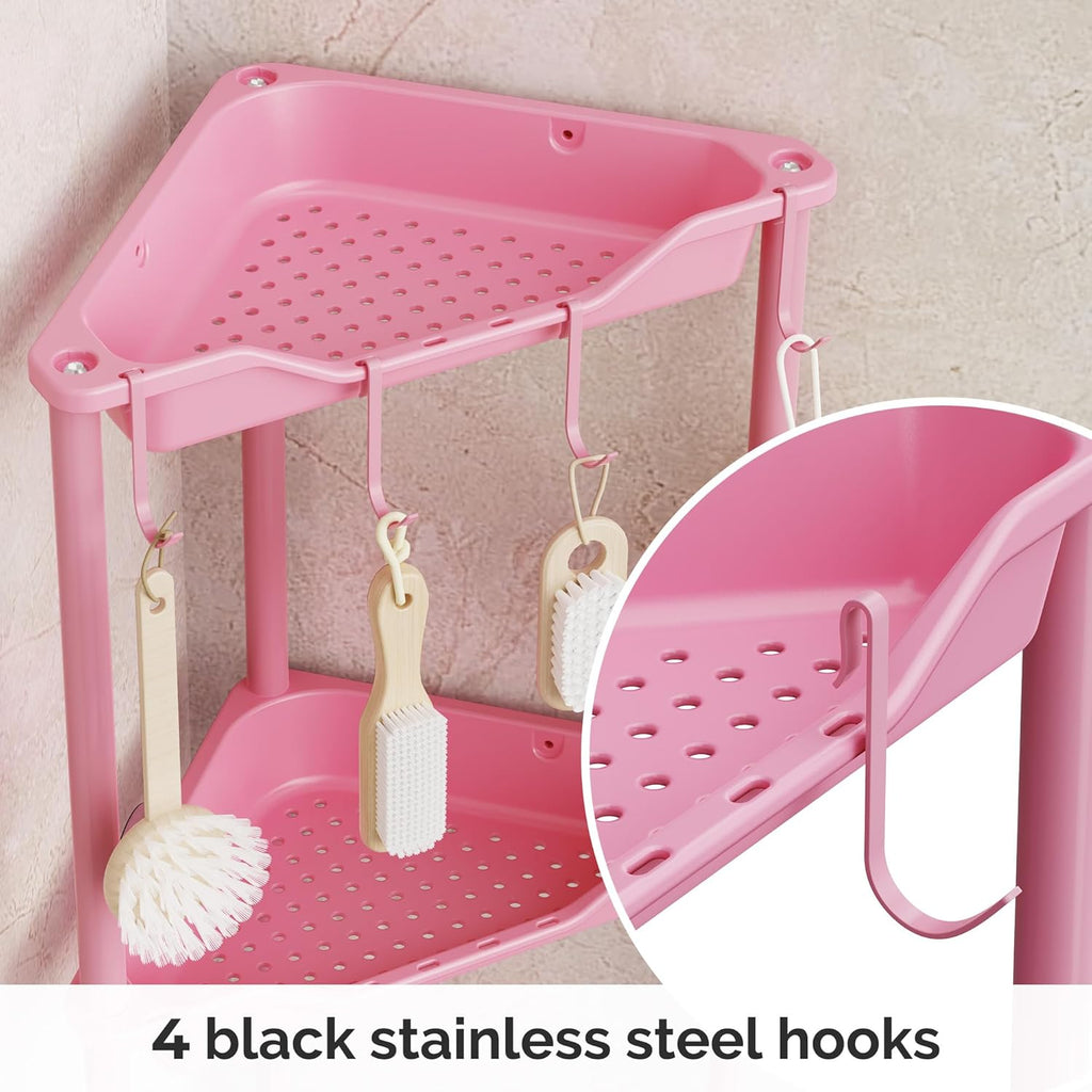 Orimade Rustproof 4-Tier Corner Shower Caddy Organizer - Durable Plastic & Metal, Pink | 10.8 x 10.8 x 44.6 Inches