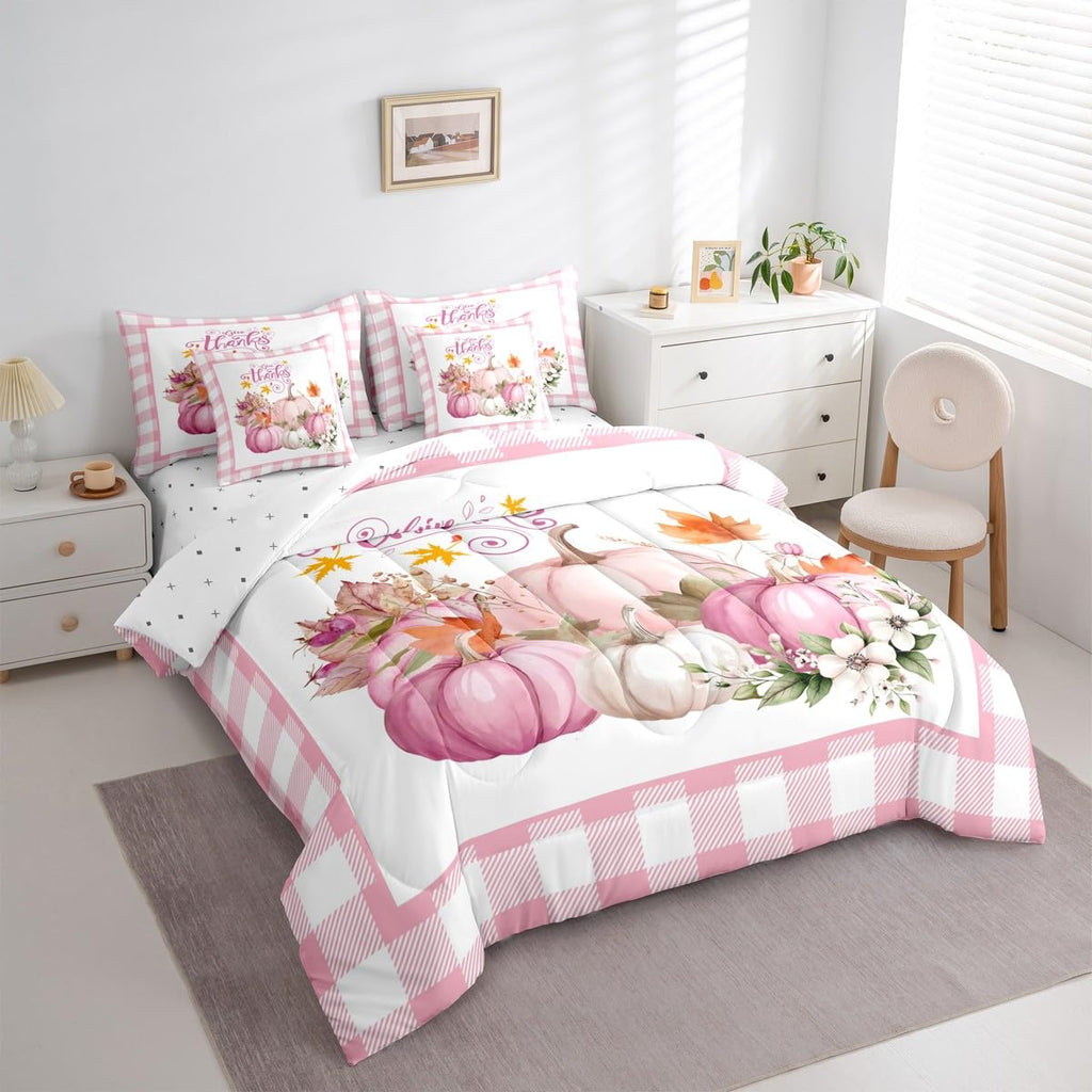 Feelyou Kids Pink Fall Comforter Set Full Size 7 Pieces Comforters Fall Pumpkin Floral Bedding Set Autumn Harvest Grid Bed Set Bed in a Bag with Comforter, Sheets, Pillowcases & Cushion Covers