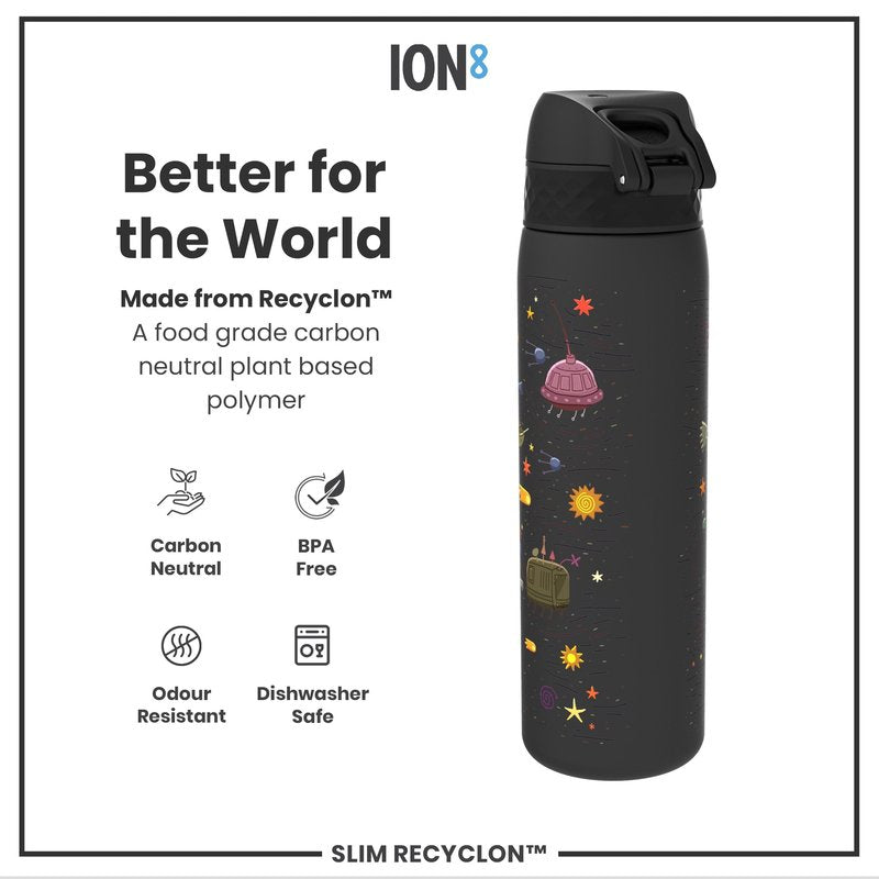 Ion8 Water Bottle, 500 ml/18 oz, Leak Proof, Easy to Open, Secure Lock, Dishwasher Safe, BPA Free, Hygienic Flip Cover, Carry Handle, Easy Clean, Odor Free, Carbon Neutral, Black, Spaceships Design