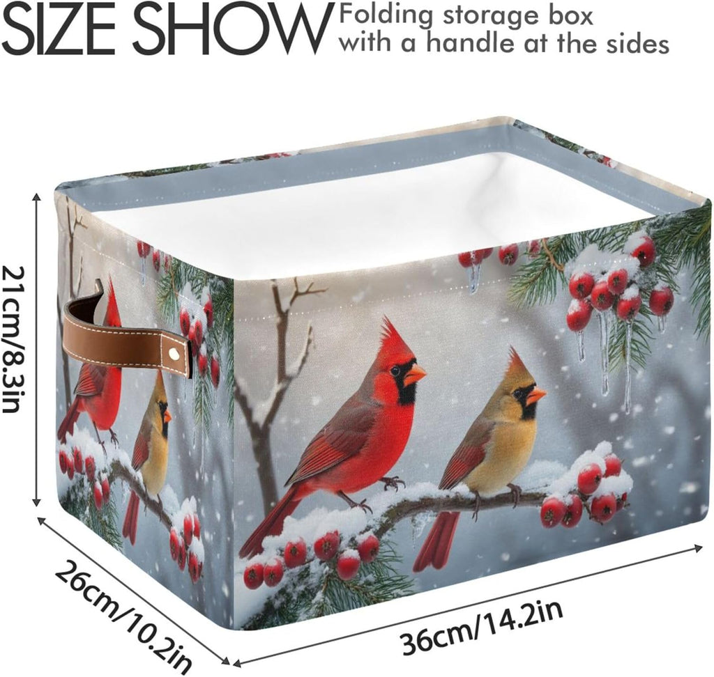Winter Cardinal Birds Fabric Laundry Basket - Stylish Snow Storage Organizer for Baby Clothes & Toys | 16x12x8