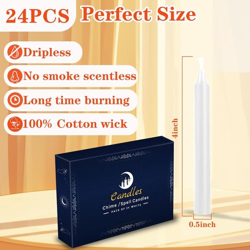 Kunrsug 24 Pack White Spell Chime Candles - Premium Mini Unscented Taper Candles for Rituals & Meditation - 4 Inch Tall
