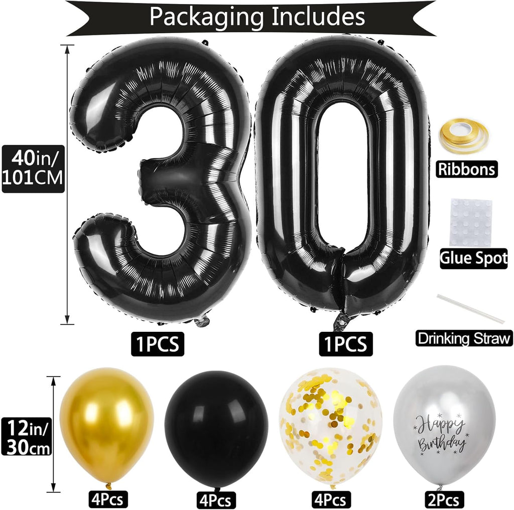 Skiennix 30th Birthday Decorations - 40-Inch Number Balloons & 18 Pcs 12-Inch Balloons for Men & Women