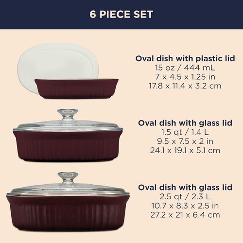 CorningWare Ceramic Bakeware Set - 6-Piece Chip & Crack Resistant Stoneware | Microwave & Oven Safe, French Cabernet