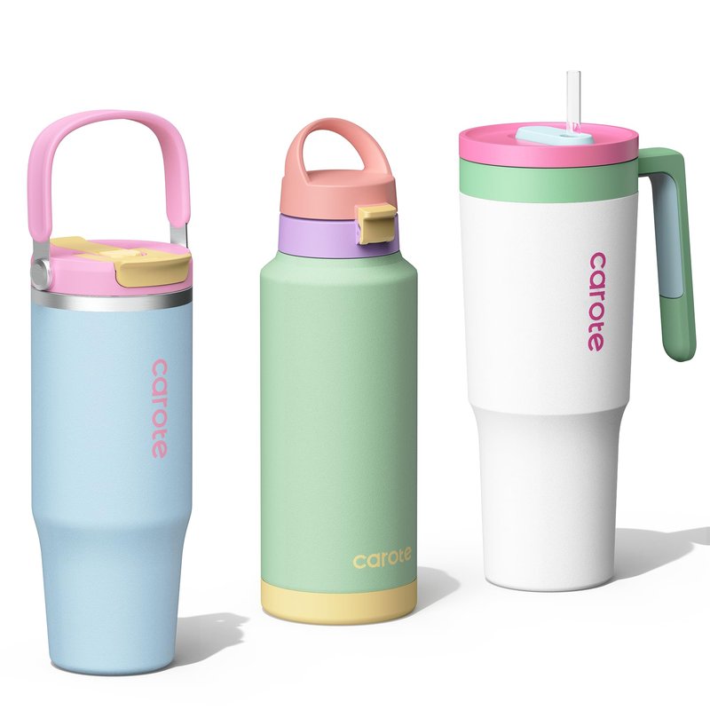 CAROTE 30 oz Insulated Water Bottle with Handle & 32 oz Travel Tumblers with Straw, Leakproof Dual Drink Ports Lid, Double-Wall Stainless Steel Vacuum Insulated for Sports, School (Pink)