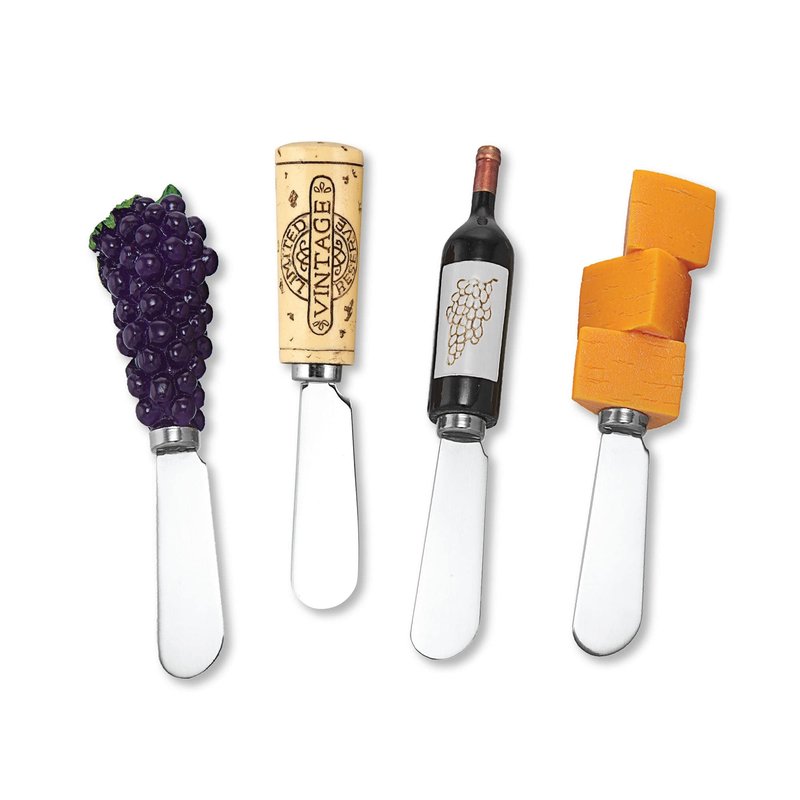 Wine Things Red Wine Tasting Cheese Spreaders, Hand-Painted Resin Handles with Stainless Steel Blades for Spreading Cream Cheese, Butter, and Jam, Assorted Designs, Set of 4