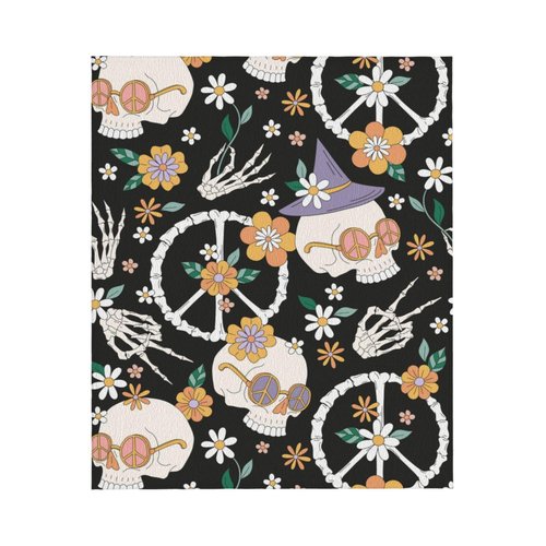 Hippie Groovy Halloween Skull Blanket, Soft Blankets Flannel Bed Throw Cozy Lightweight Plush Gifts For Women Men Boys Girls Sofa Couch Bedroom Living Rooms Warm All Season, Home Decor, 60"x50"