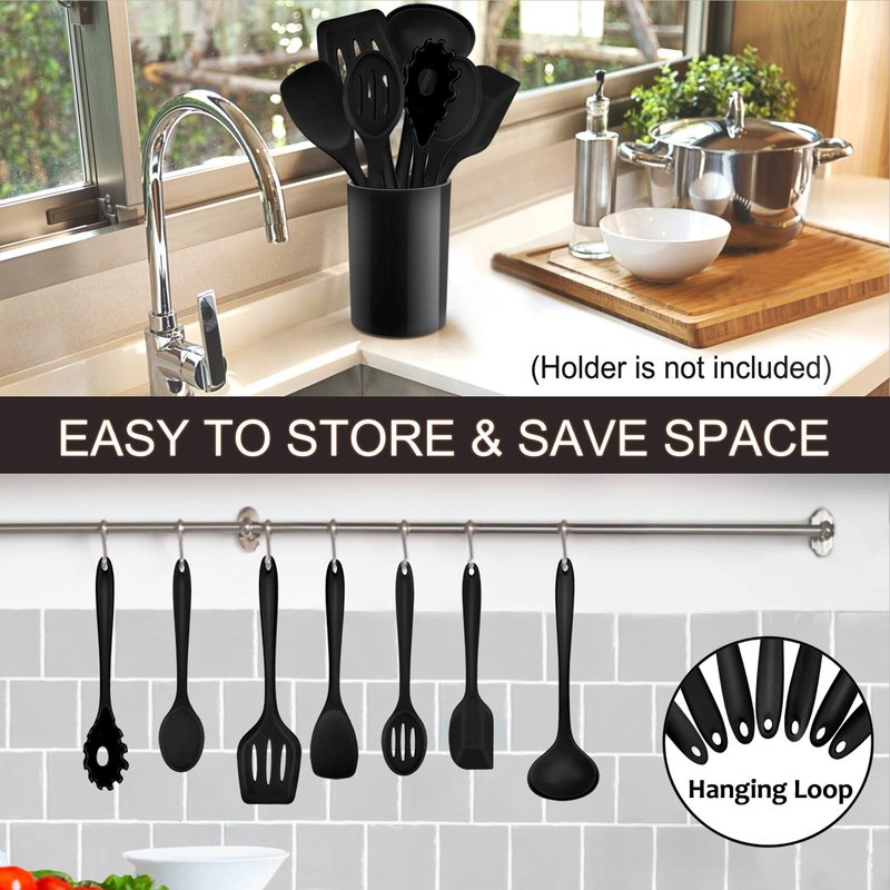 P&P CHEF Silicone Cooking Utensils Set of 7, Heat-proof Kitchen Utensils Set for Nonstick Cookware, Non-stick Spatula, Slotted Turner, Soup Ladle, Pasta Server, Spoon for Cooking Serving - Black