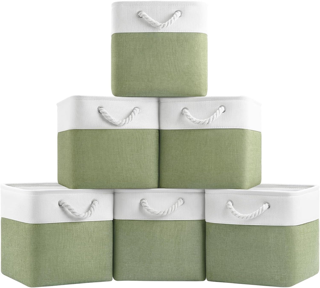 Patvingot 11-Inch Cube Storage Bins - 6 Pack Fabric Organizer Baskets with Rope Handles | White/Green