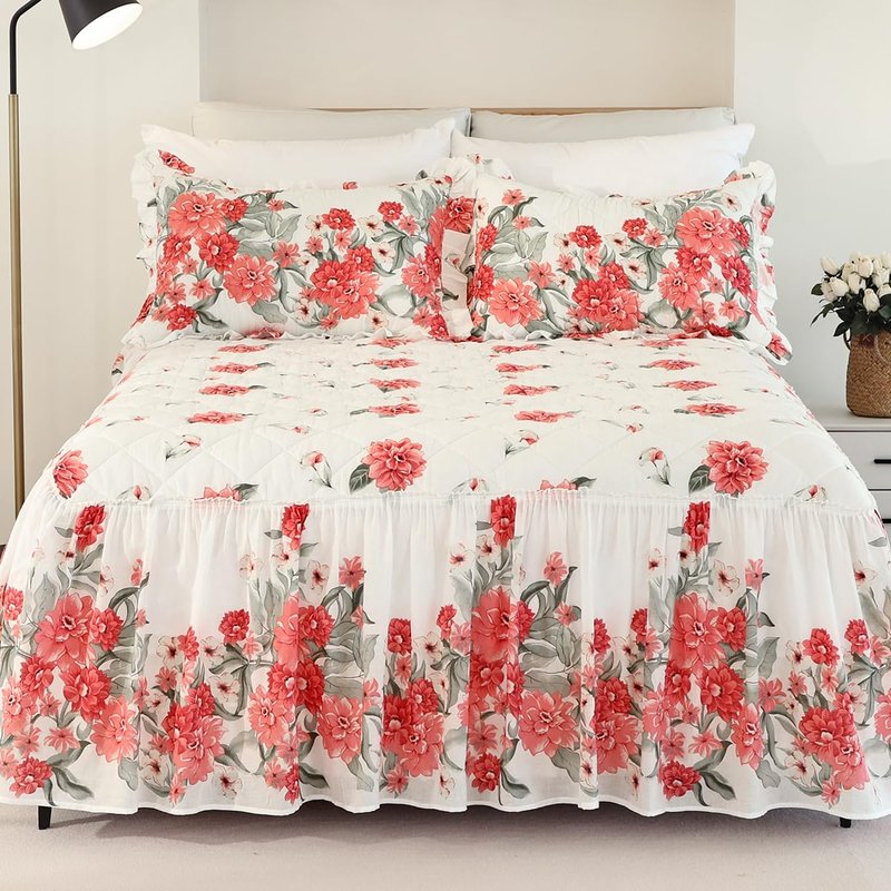 EVENHUG Ruffle Skirt King Size Bedspread Set Red Floral 100% Cotton Quilt Bedding Sets with Pillow Shams Lightweight Soft Coverlet Bed Spreads Sets 3 Piece (King, 78"x80")