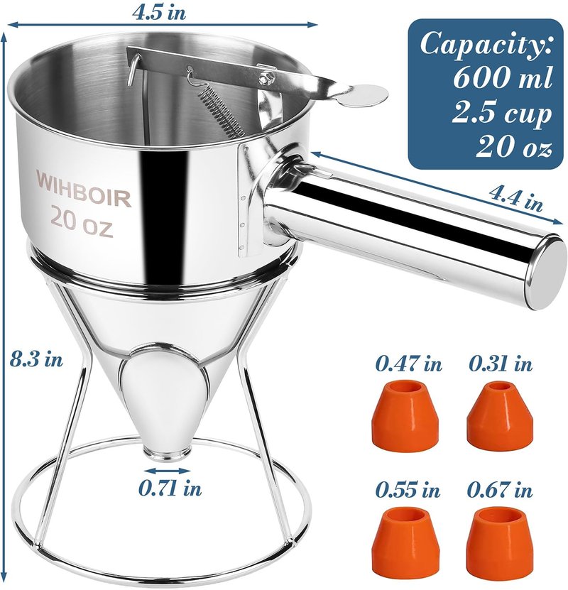 WIHBOIR Stainless Steel Pancake Batter Dispenser with Squeeze Handle and Multi-Nozzle, for Pancakes, Cupcakes, and Baked Goods. 20 oz