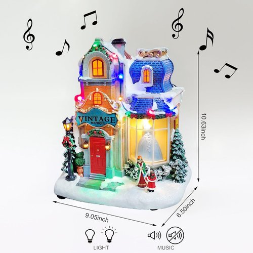 Moments In Time Lighted Christmas Village - Vintage Boutique LED Musical Holiday Building, 10.6”