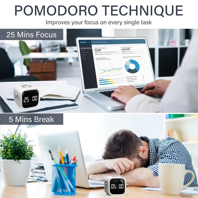 Rotating Pomodoro Timer 5, 25, 10 50 Minutes Preset, Desk Productivity Flip Timer, ADHD Tool Cube Countdown Stopwatch, Vibration/High/Low Volume/Custom Modes, for Work, Study, Back to School, White