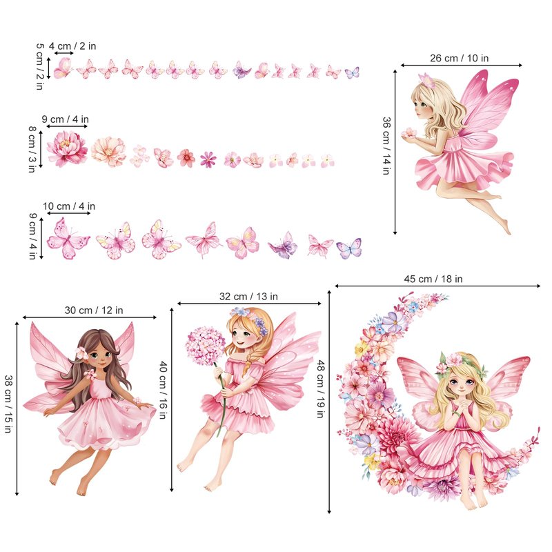 decalmile Pink Fairy Girls Wall Decals Flower Moon Butterfly Wall Stickers Girls Bedroom Baby Nursery Kids Room Wall Decor