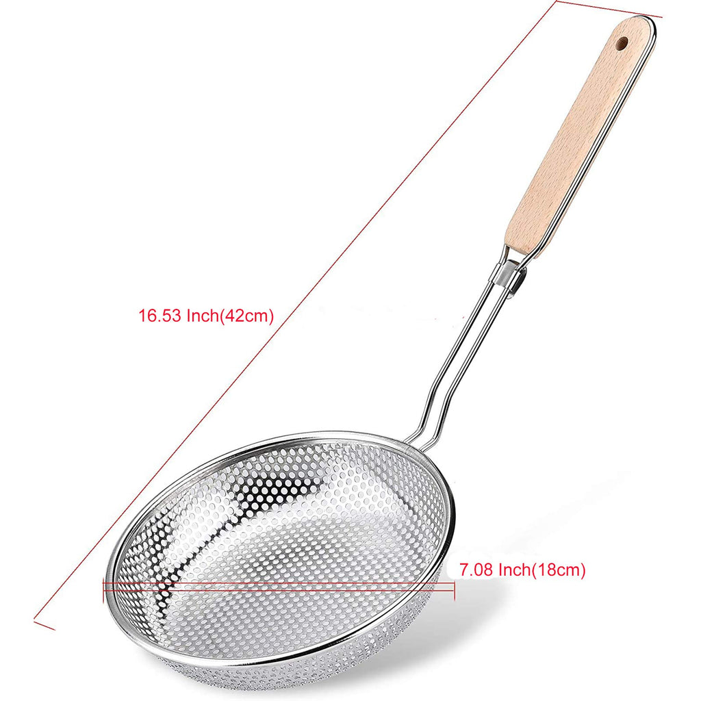TENTA TENTA KITCHEN Stainless Steel Micro-Perforated Skimmer Strainer,Pasta Noodle Net Basket with Wooden Handle(25 Ounce)