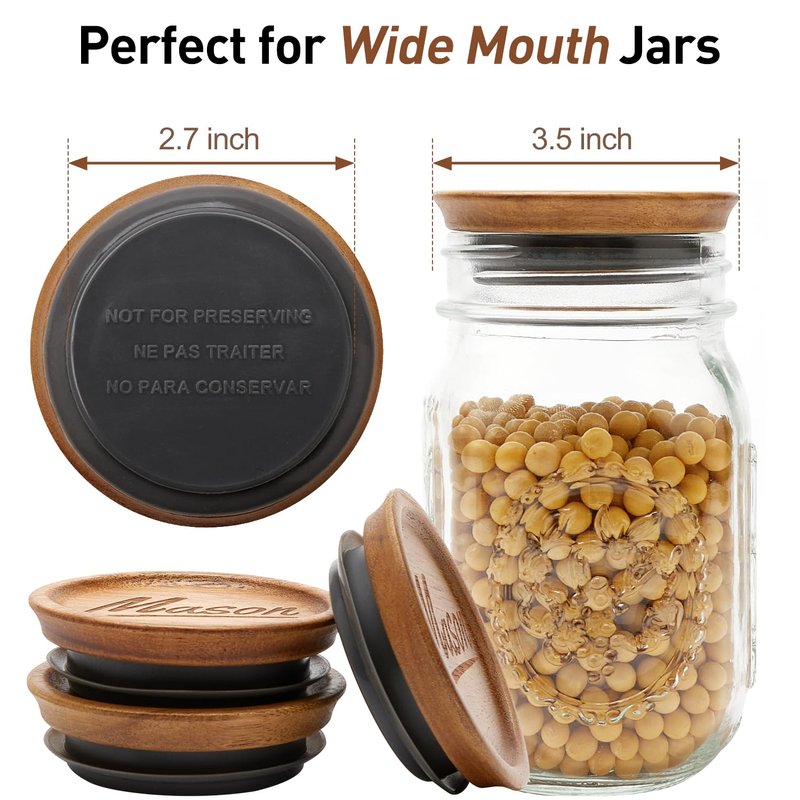 12 Pack Acacia Wood Wide Mouth Mason Jar Lids Reusable Canning Lids for Jar Tops Large Mouth Silicone Jars Accessories Decorative Glass Jar with Wooden Lid Can Cover Mason Jar Storage Organizer