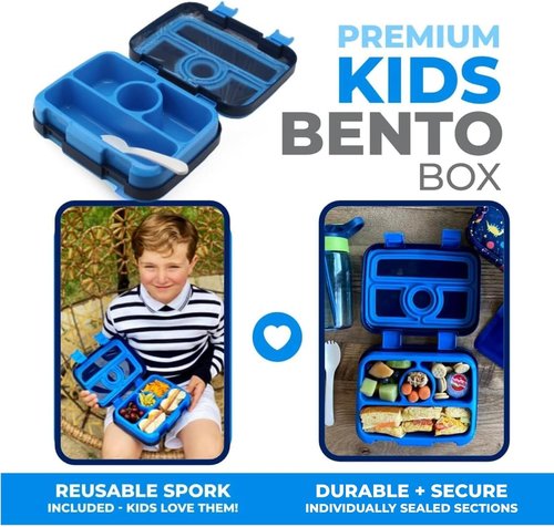 kinsho Kids Lunch Box - Bento Box for Boys Toddler Daycare, 4 Portion Sections with Lid, Snack Container Pre-School Kid Lunches Toddlers Removable Tray BPA Free, 3+ Years Old, Blue Rocket Dinosaur