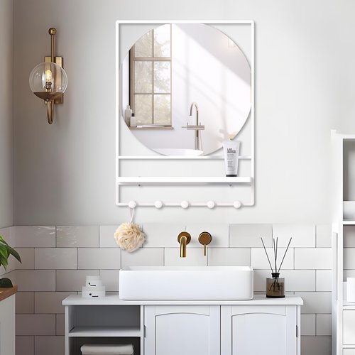 LETSFIELD Bathroom Mirror with Shelf and Hooks 28 x 21 Inch Modern Rectangle Wall Mirror for Bathroom, Metal Framed Bathroom Vanity Mirror for Over Sink, Entrance (White)
